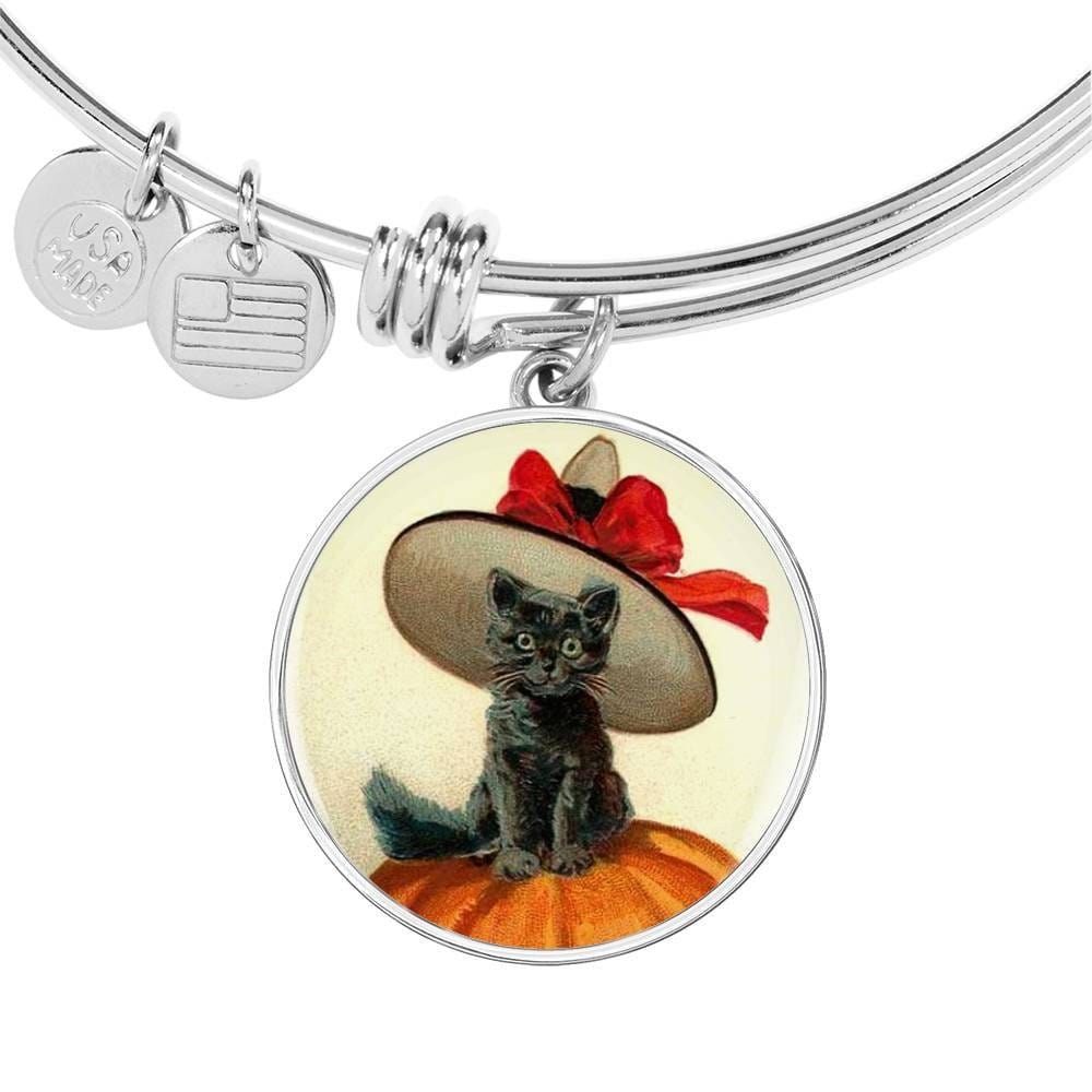 ShineOn Fulfillment Jewelry Personalized Halloween Cat Vintage Art, Custom Pendant & Luxury Bangle-Personalized Engraving Available, Gift Box Included, Free Shipping